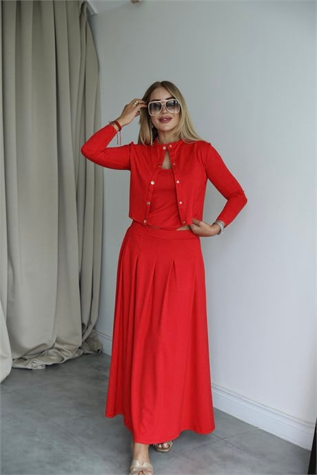 Kırmızı Modal Üçlü Etek Hırka Bluz Takım 