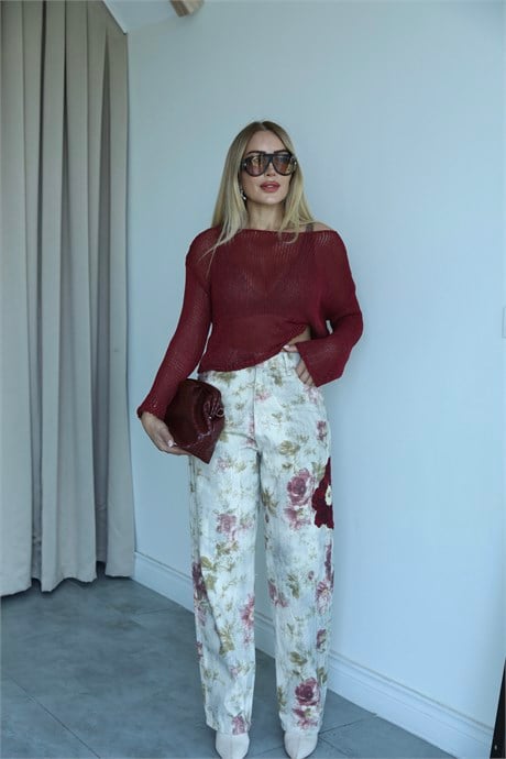 Krem Bordo Nakış Detay Tensel Pantolon 
