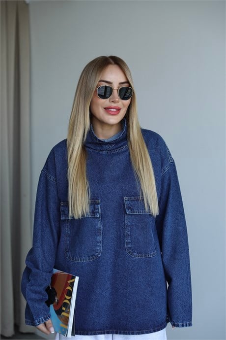 Lacivert Balıkçı Denim Cepli Sweat