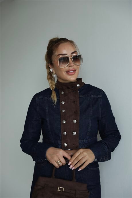 Lacivert Kahve Apoletli Jean Ceket