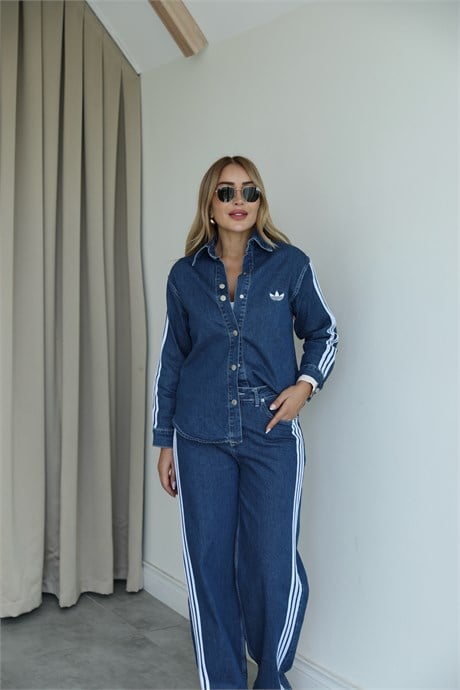 Lacivert Şeritli Nakışlı Jean Takım