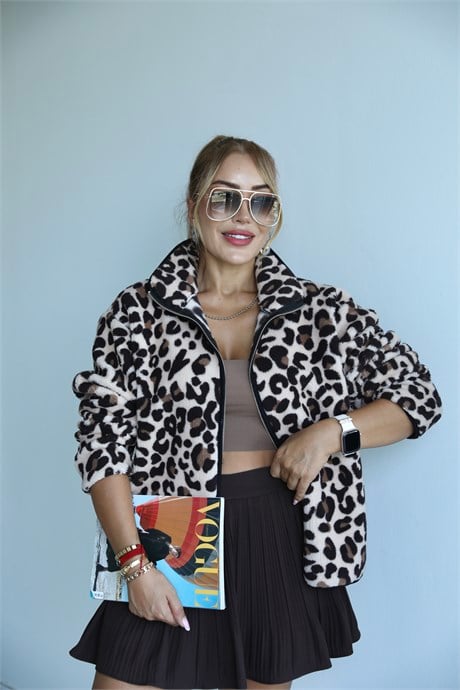 Leopar Desenli Polar Ceket 