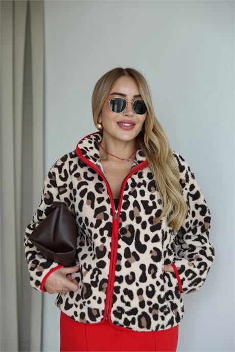 Leopar Kırmızı Polar Ceket