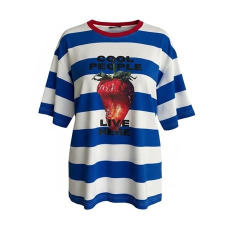 Mavi Beyaz Çizgili Çilek Baskılı T-shirt 