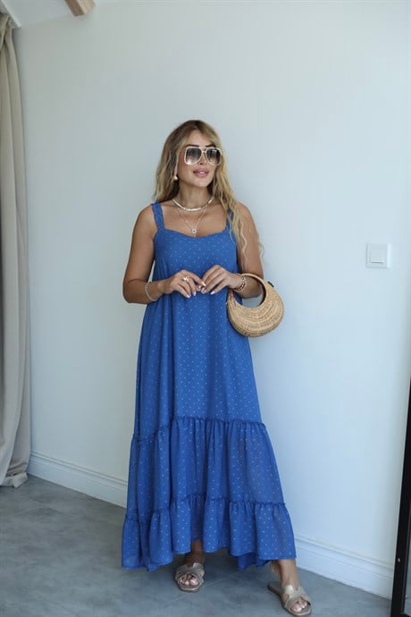 Mavi Şifon Fırfırlı Maxi Elbise 
