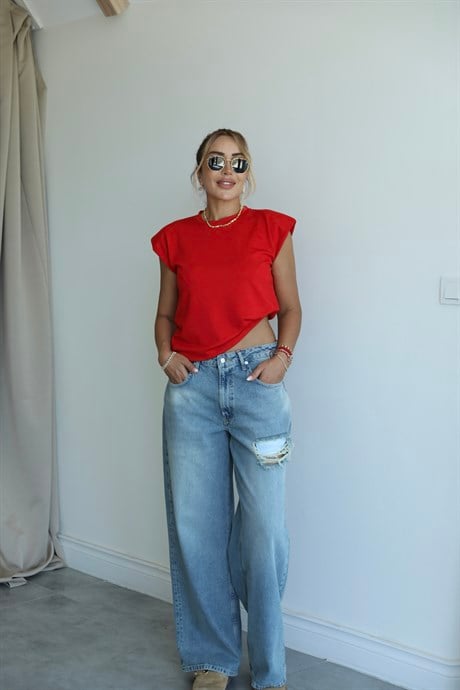 Mavi Yırtık Detaylı Baggy Denim