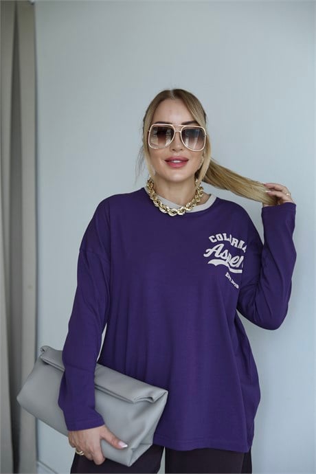 Mor Krem Yazılı Basic T-shirt 