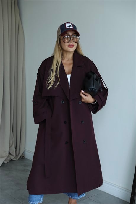 Mürdüm Dokuma Oversize Trençkot