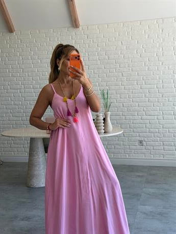 Pembe Askılı Maxi Çan Elbise