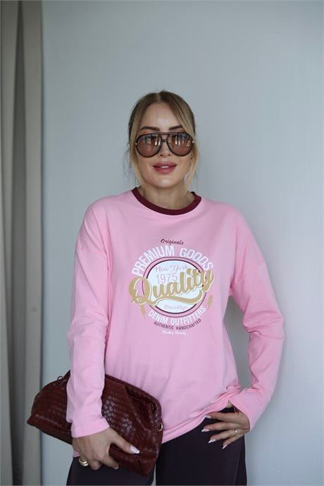 Pembe Bordo Yazılı Basic T-shirt 