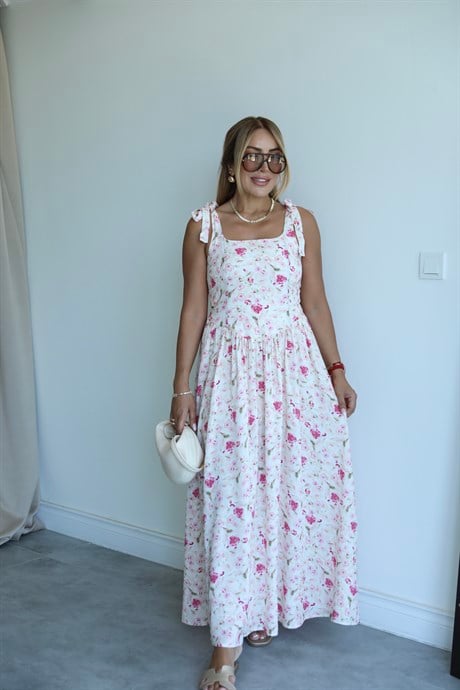 Pembe Çiçekli Bağlamalı Elbise 