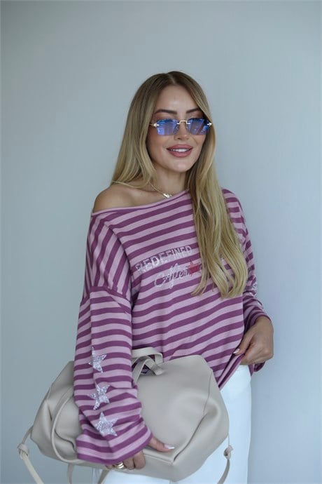 Pembe Çizgili Taş Detaylı Sweat