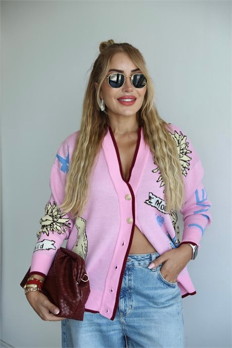 Pembe Güneş Desenli Dokulu Hırka