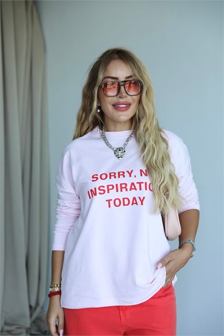 Pembe Kırmızı Yazılı Uzun Kollu Basic T-shirt 