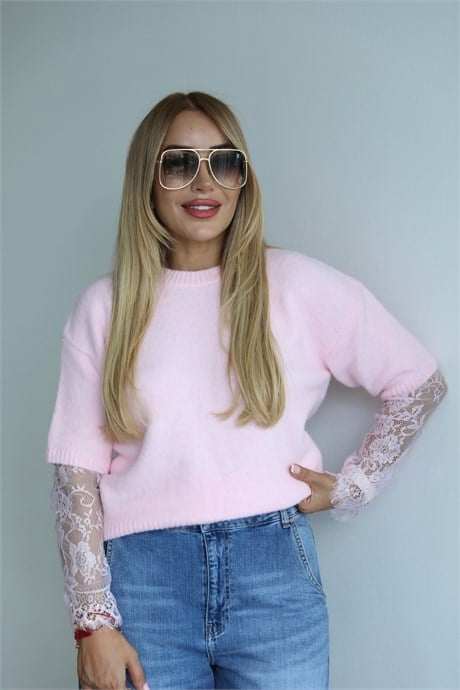 Pembe Kolları Dantel Triko Bluz
