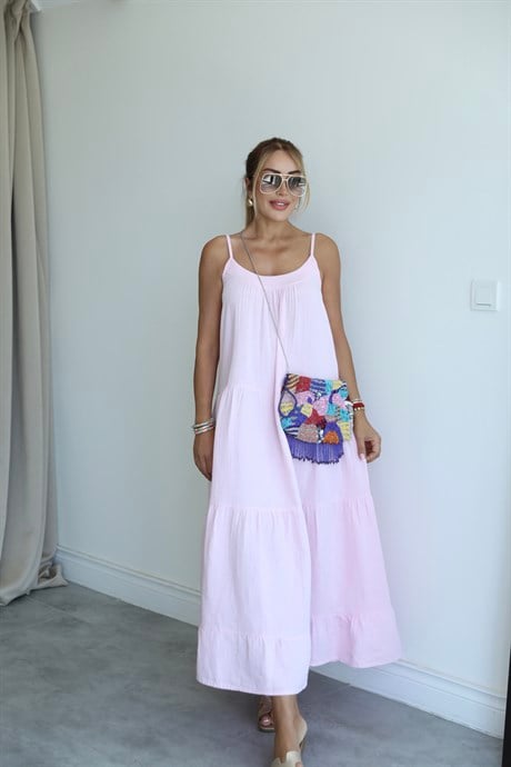 Pembe Müslin Keten İnce Askılı Salaş Elbise 