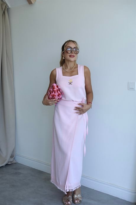 Pembe Nakışlı Keten Etek Takım 
