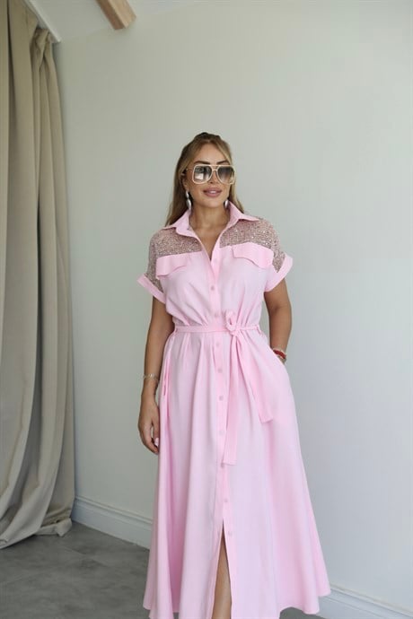 Pembe Omuz Pul Detaylı Gömlek Elbise