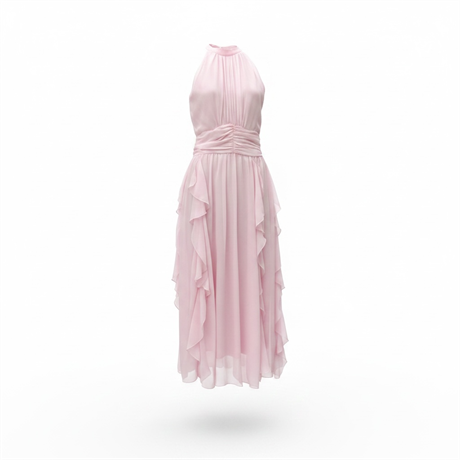 Pembe Önü Fırfırlı Şifon Elbise