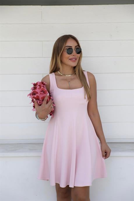 Pembe Ottoman Kare Yaka Çan Elbise 