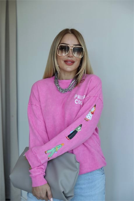 Pembe Sırt Baskılı Baskılı Sweat