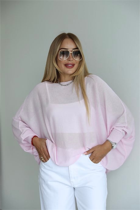 Pembe Transparan Triko Bluz