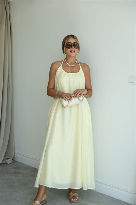 Sarı Çapraz Askılı Maxi Elbise 