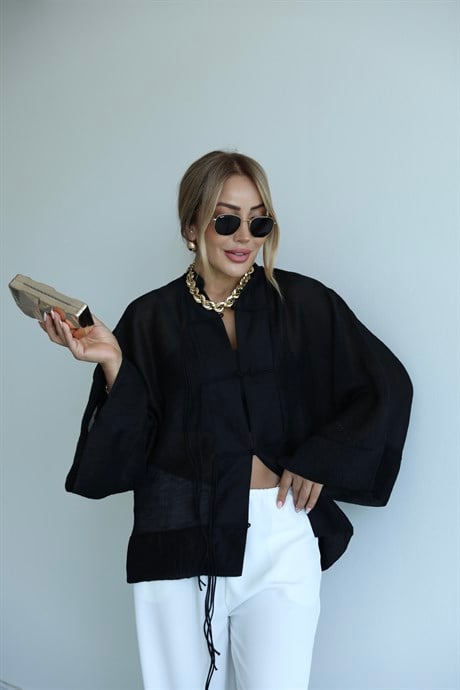 Siyah Bağlamalı Kimono Gömlek