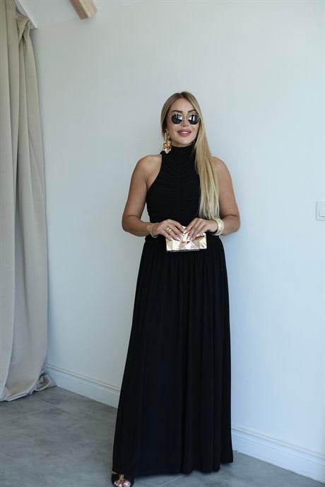 Siyah Hellen Drapeli Maxi Elbise 