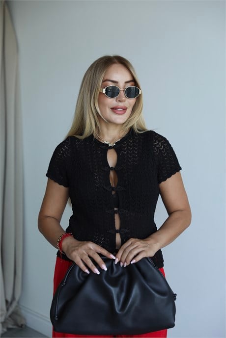 Siyah Kısa Kollu Triko Bluz Hırka