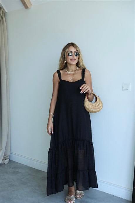 Siyah Şifon Fırfırlı Maxi Elbise 