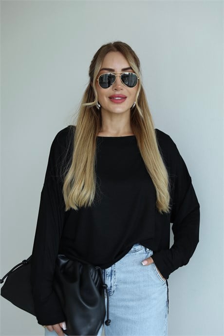 Siyah Sırt Dantelli Oversize Triko Bluz