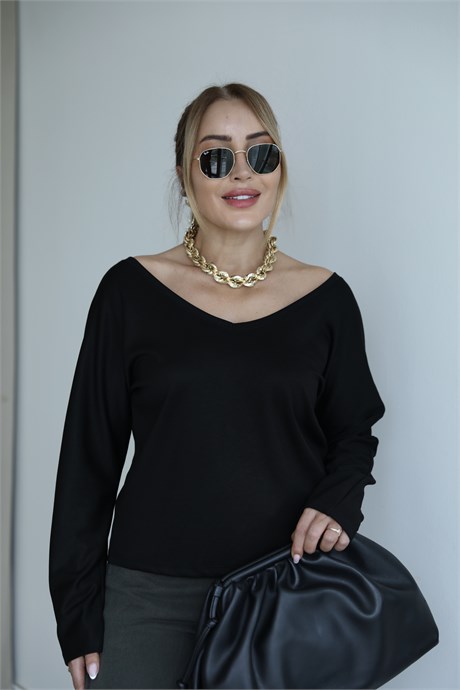 Siyah V Yaka Uzun Kollu Basic T-shirt 