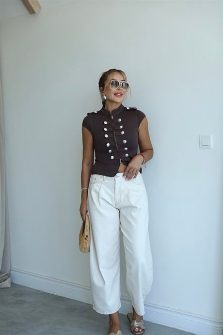 Taş Rengi Pile Detaylı Denim