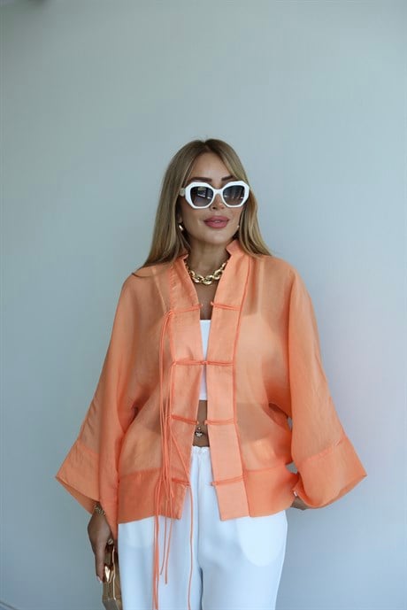 Turuncu Bağlamalı Kimono Gömlek