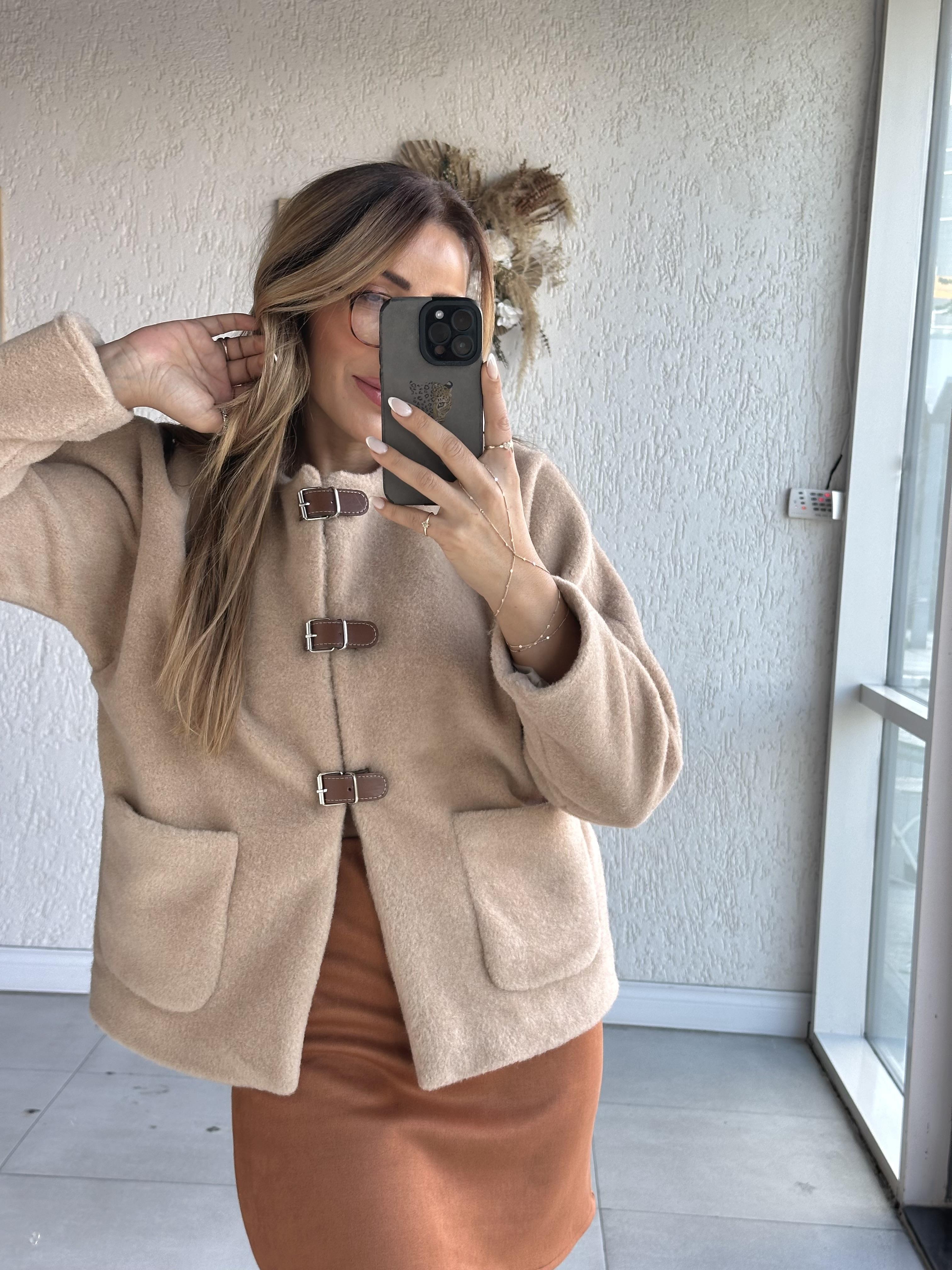  Bej Taba Deri Detaylı Mont