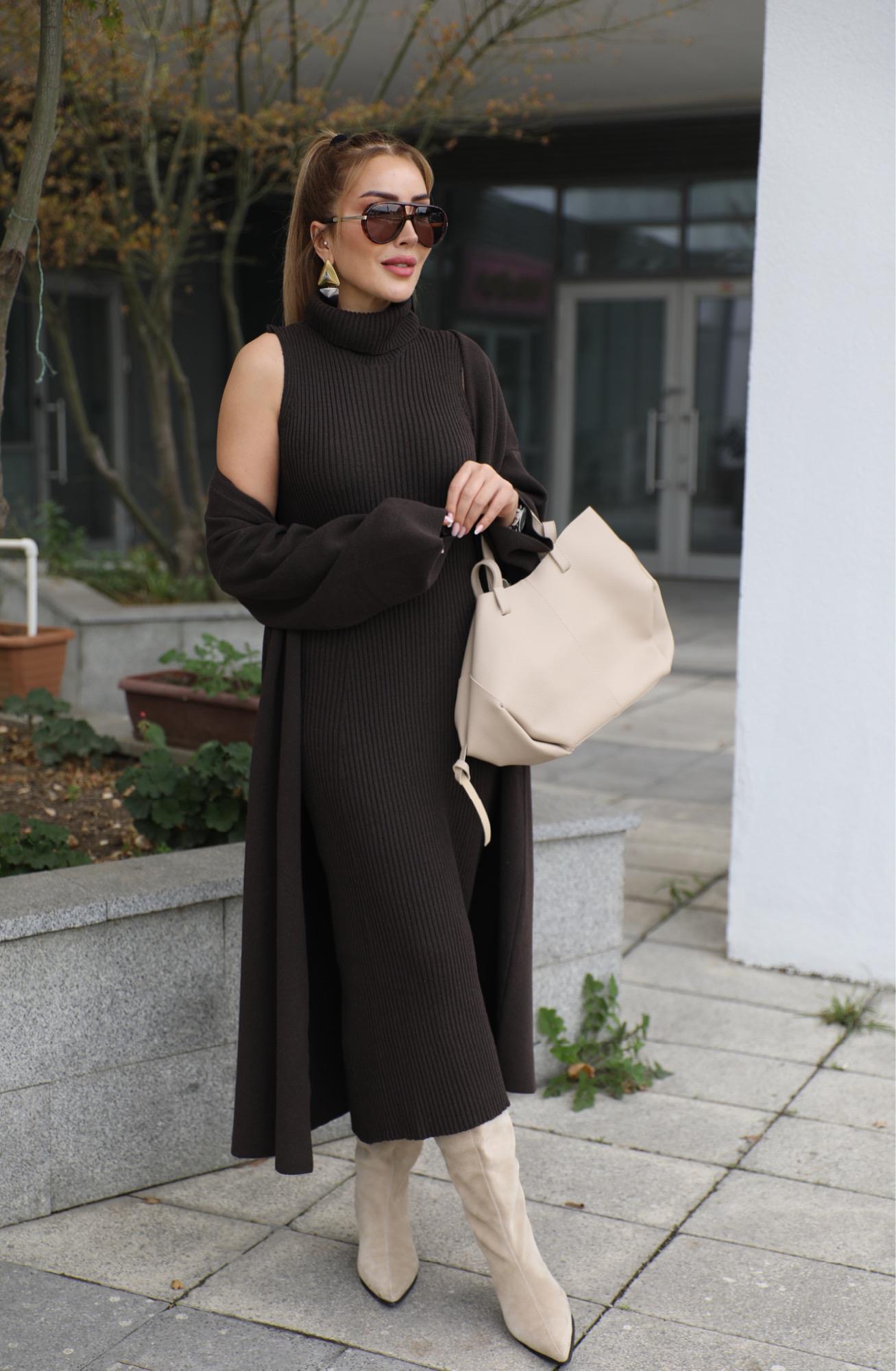 Acı Kahve Balıkçı Triko Hırkalı Elbise 