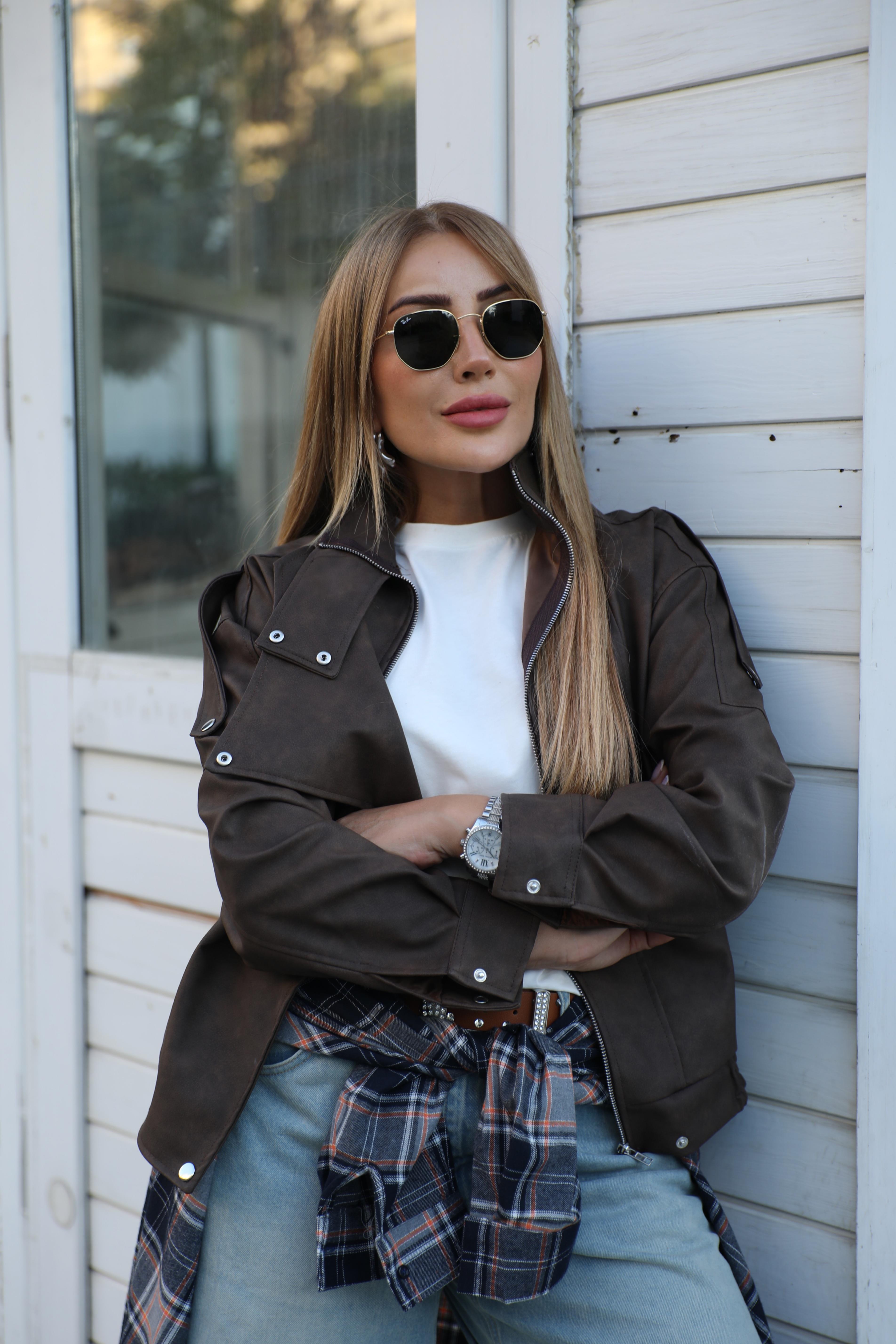 Acı Kahve Bomber Tasarım Deri Ceket