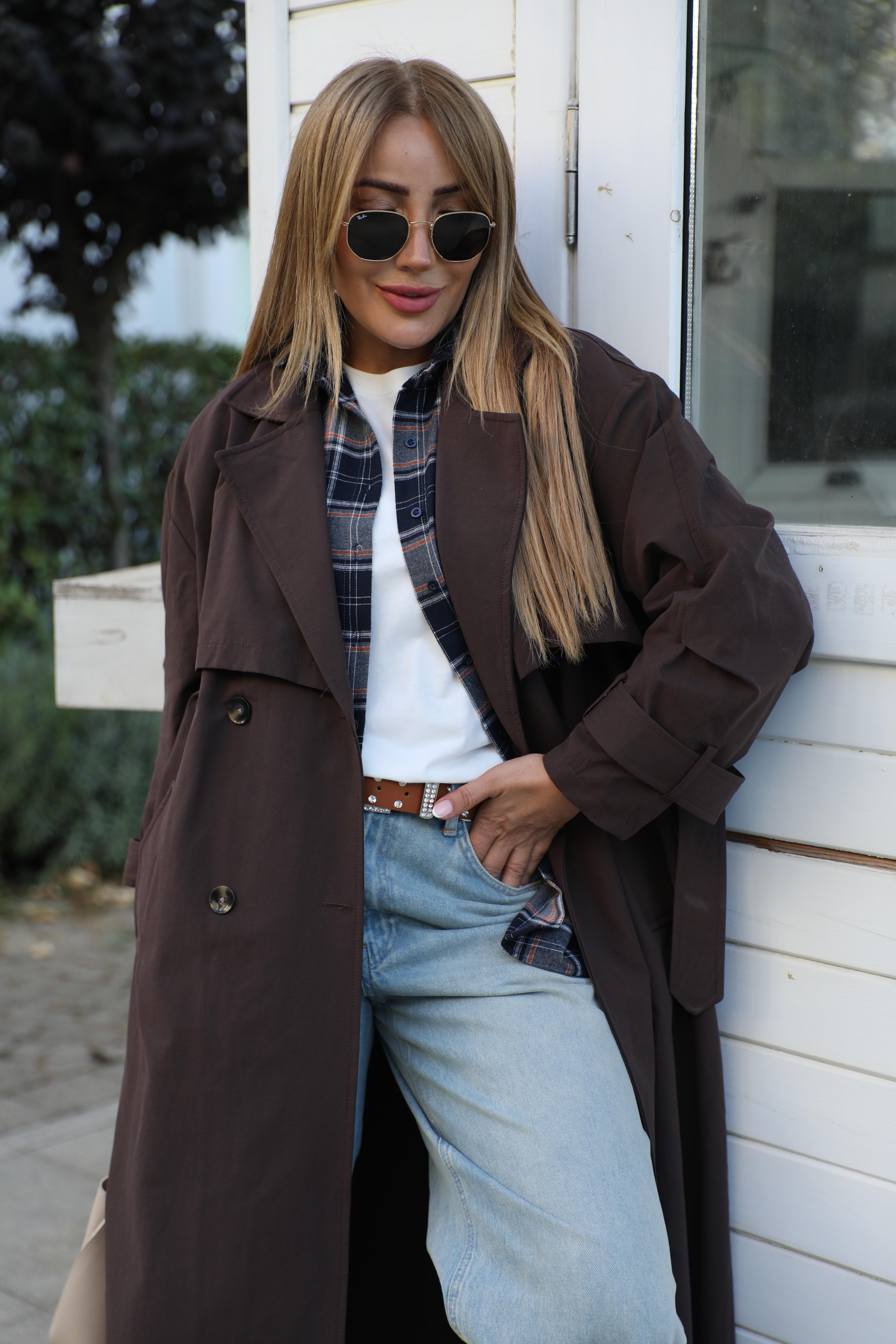 Acı Kahve Oversize Uzun Trenç