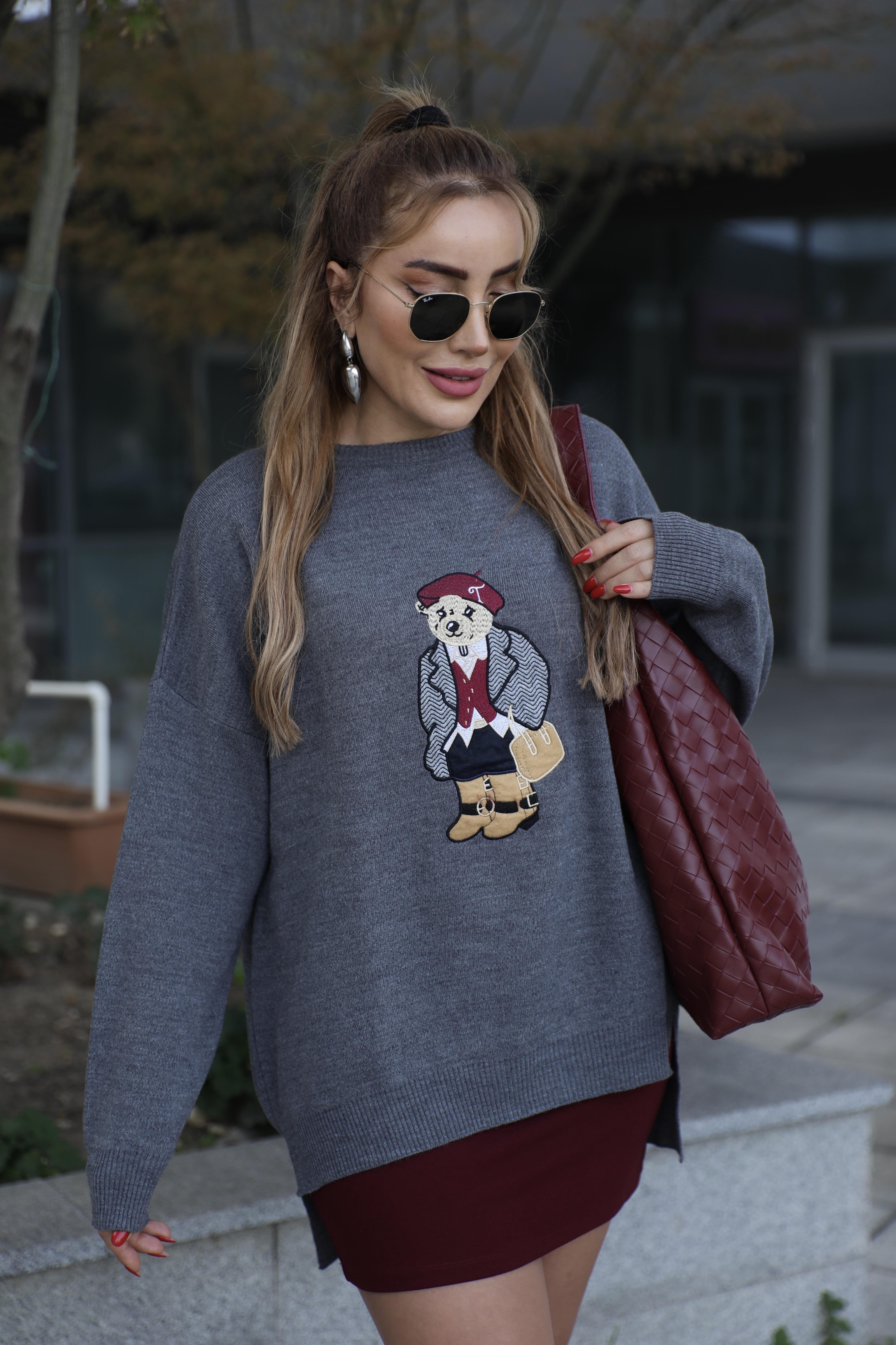 Antrasit Ayıcık Nakışlı Kazak