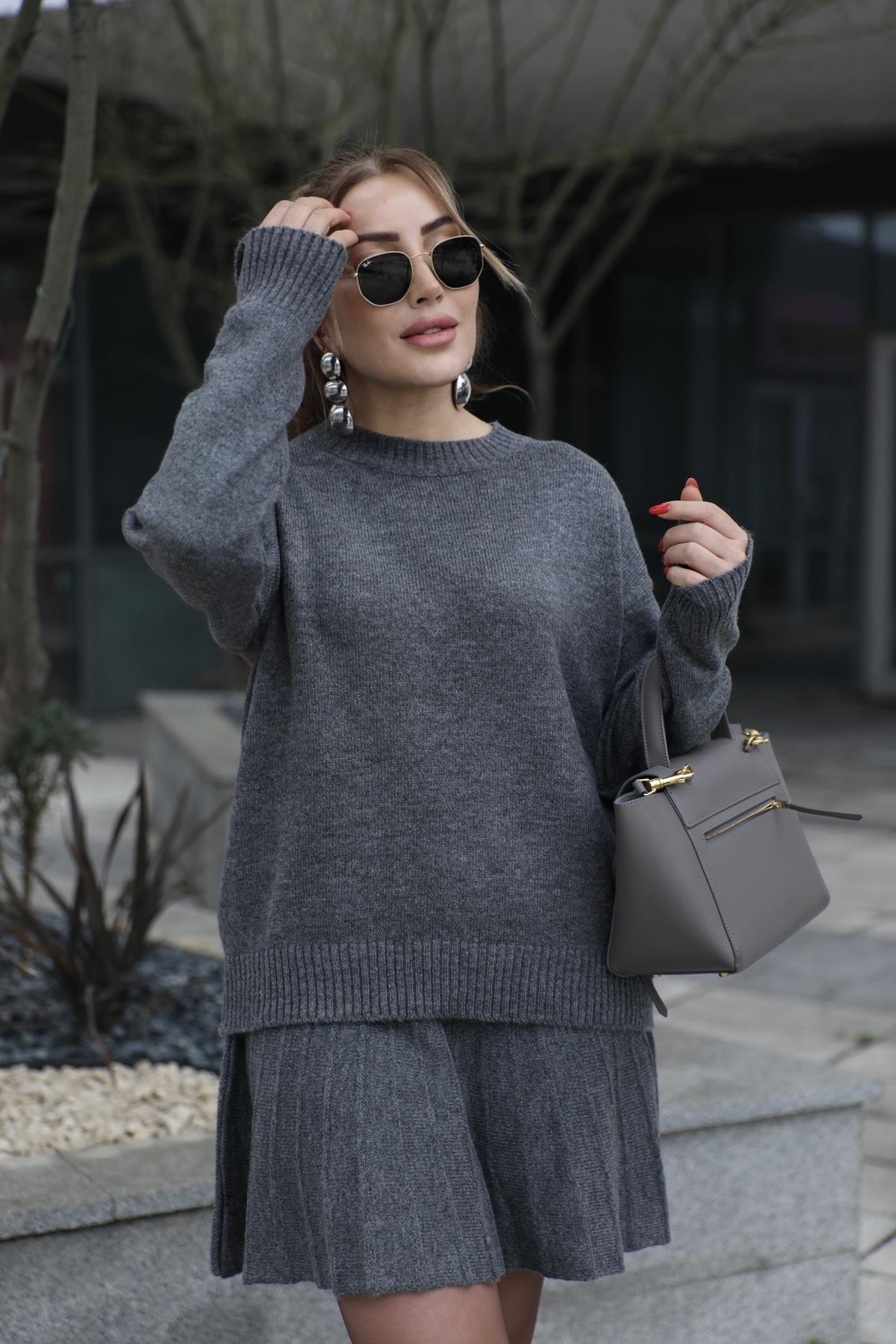 Antrasit Bisiklet Yaka Etek Kazak Takım