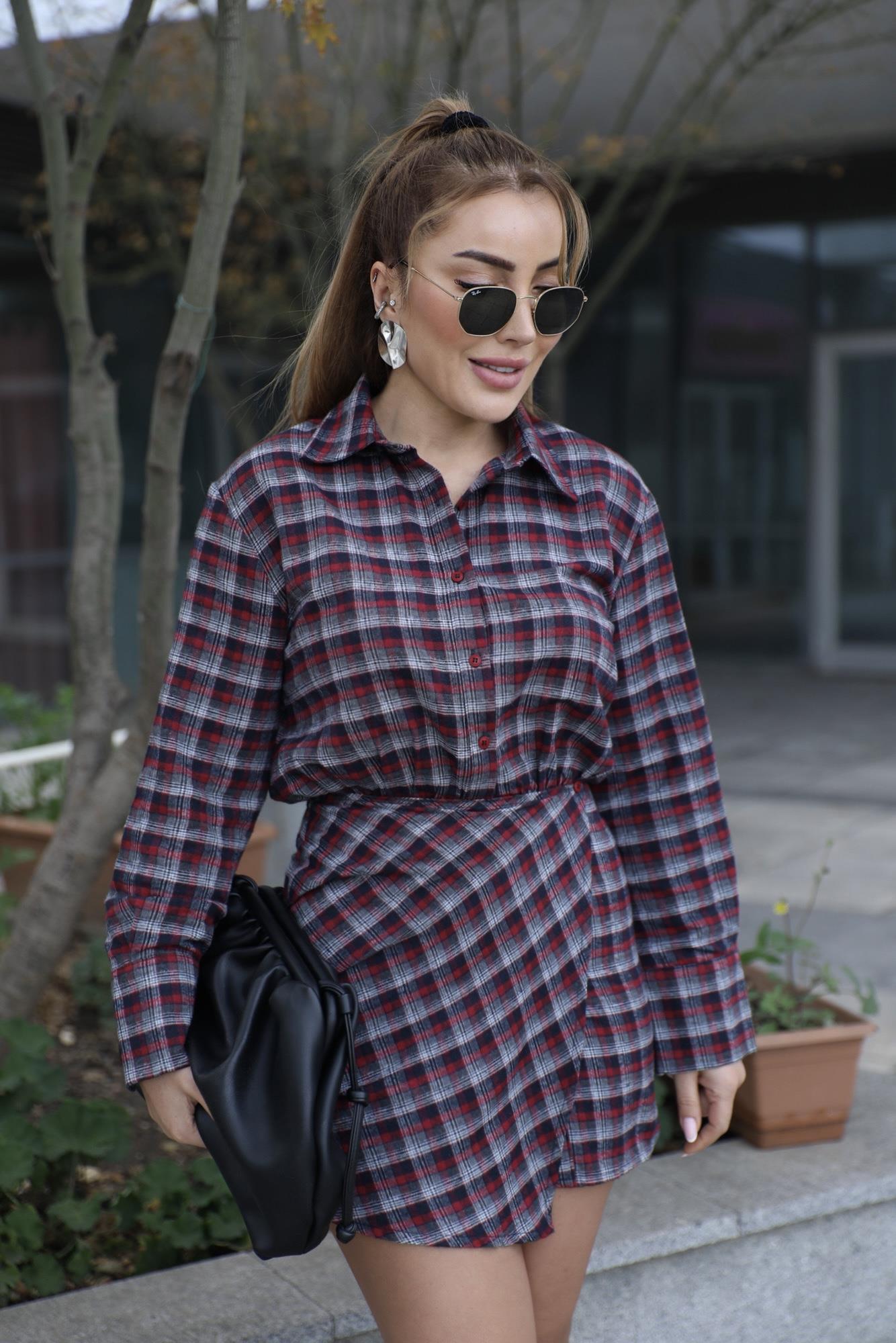 Antrasit Bordo Kareli Elbise 