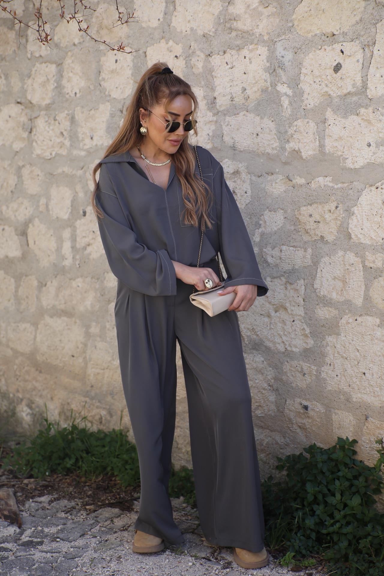 Antrasit Dökümlü Bluz Pantolon Takım 