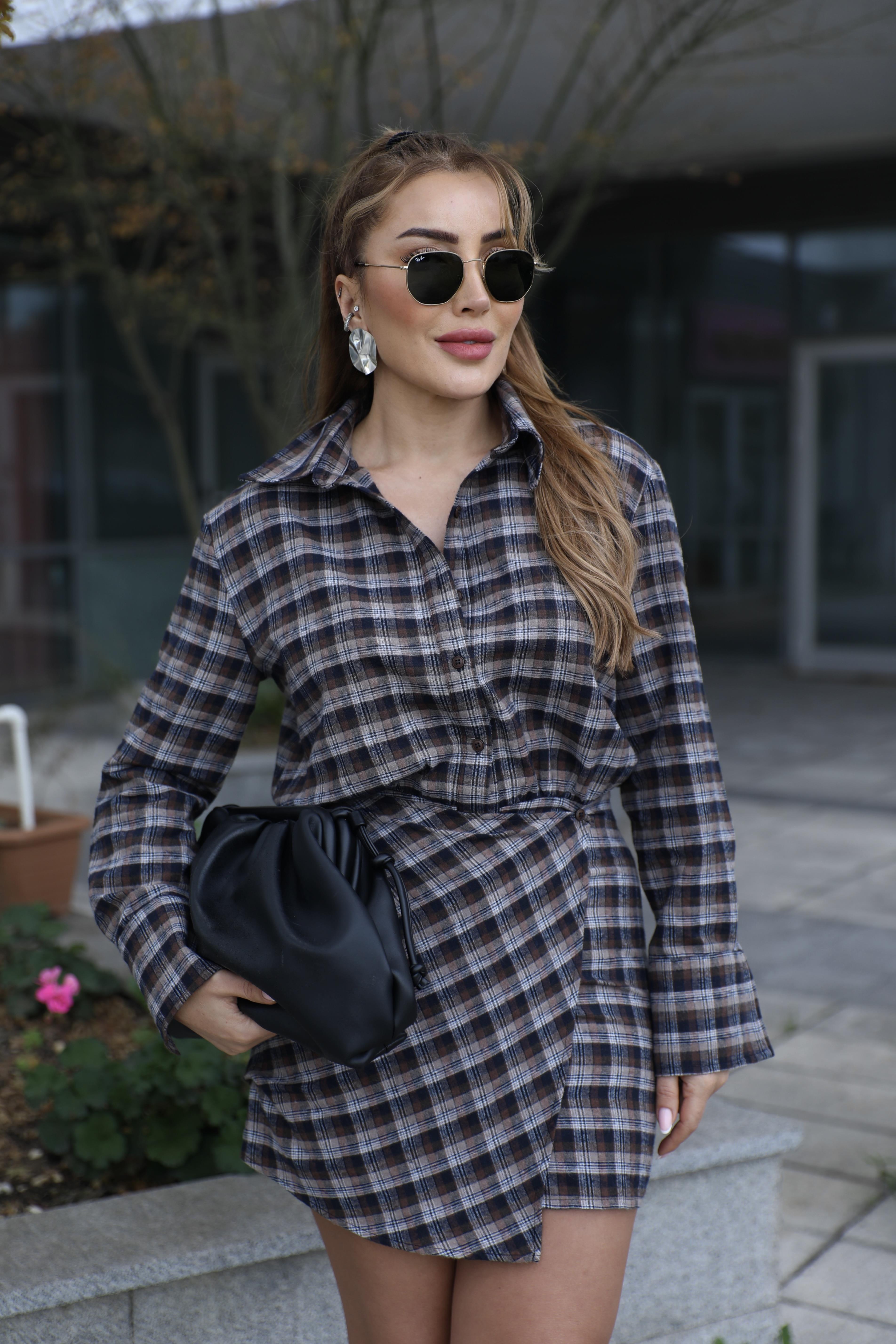 Antrasit Kahve Kareli Elbise 