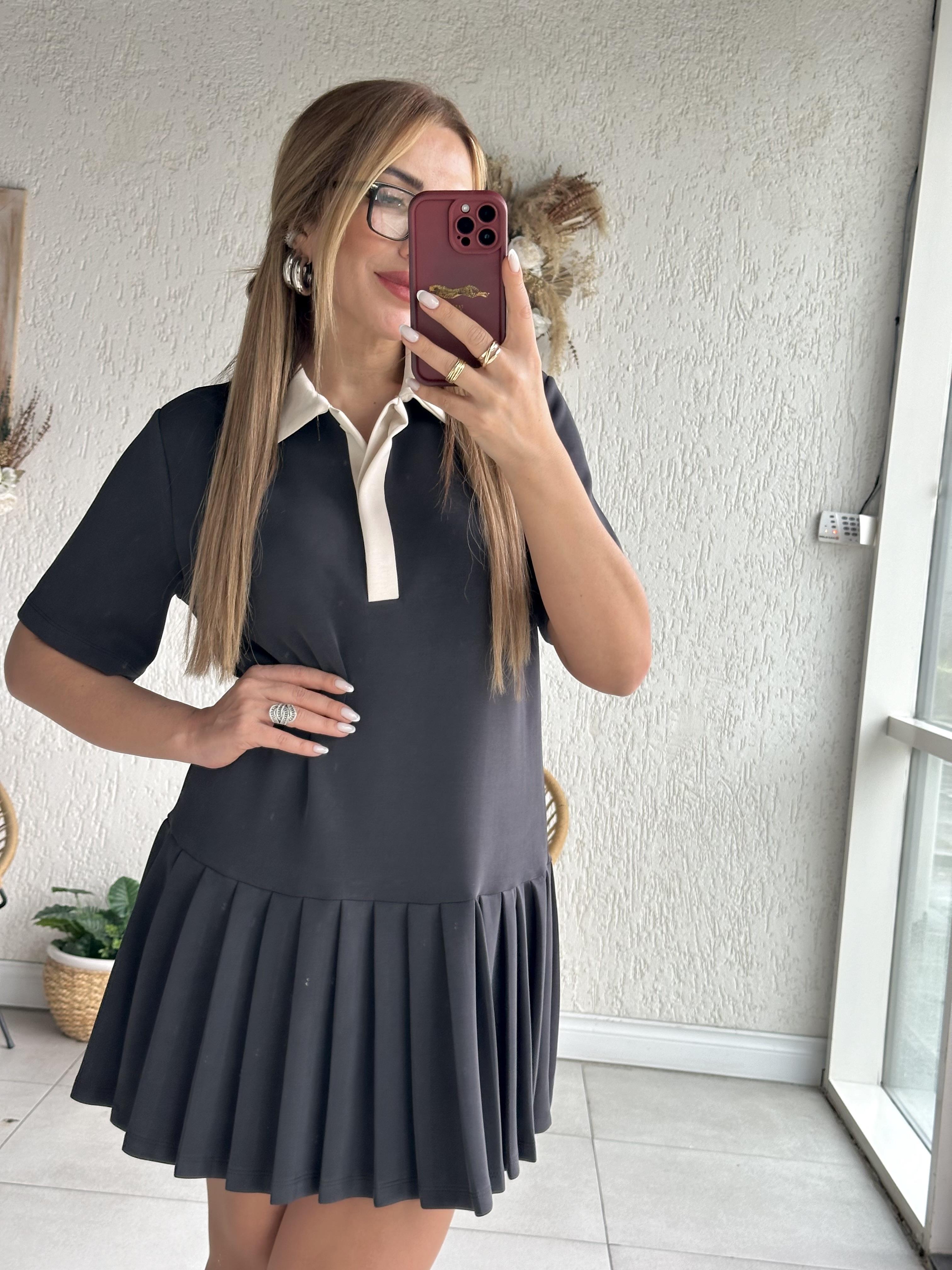 Antrasit Modal Polo Yaka Pileli Elbise