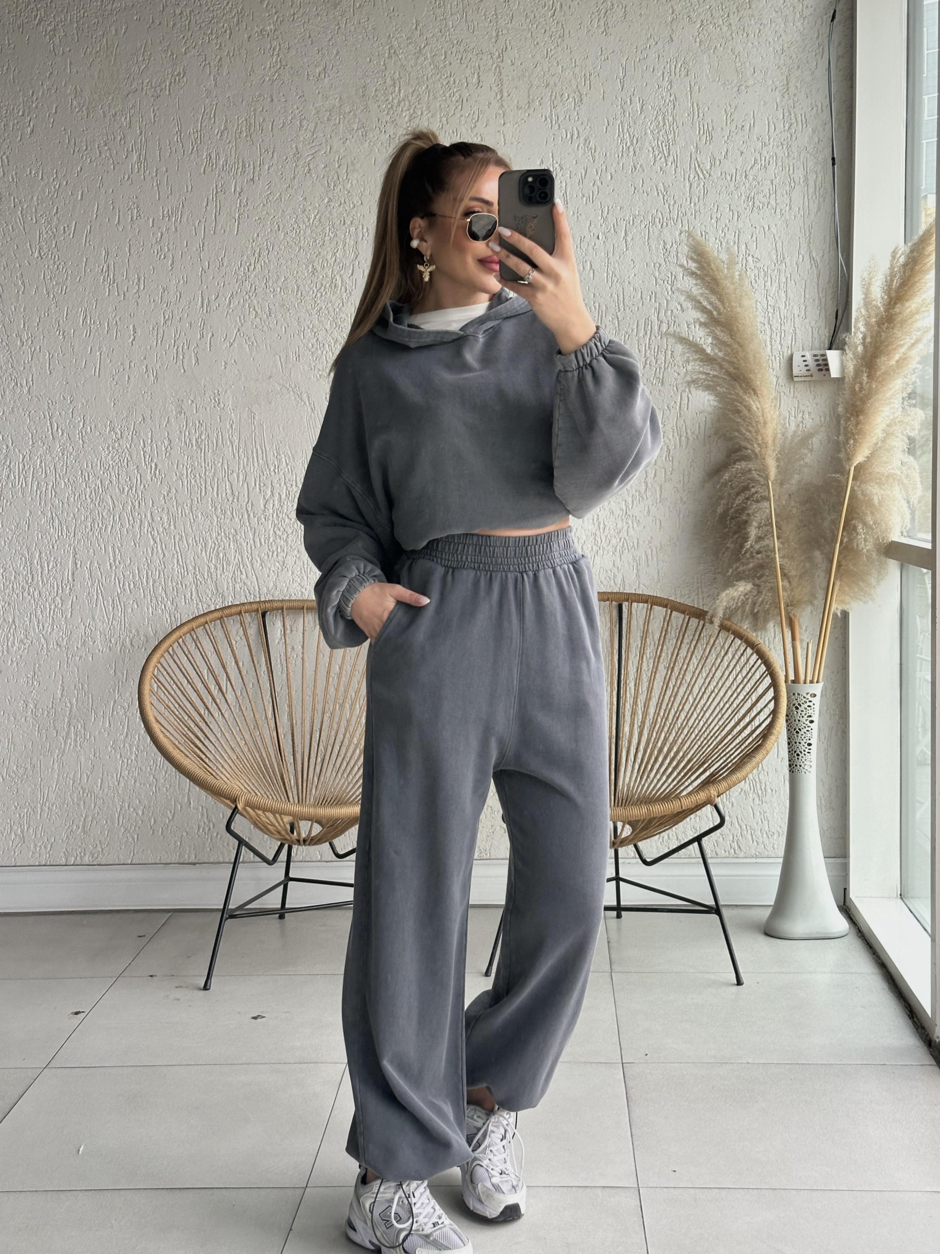 Antrasit Paça Büzgü Eşofman 