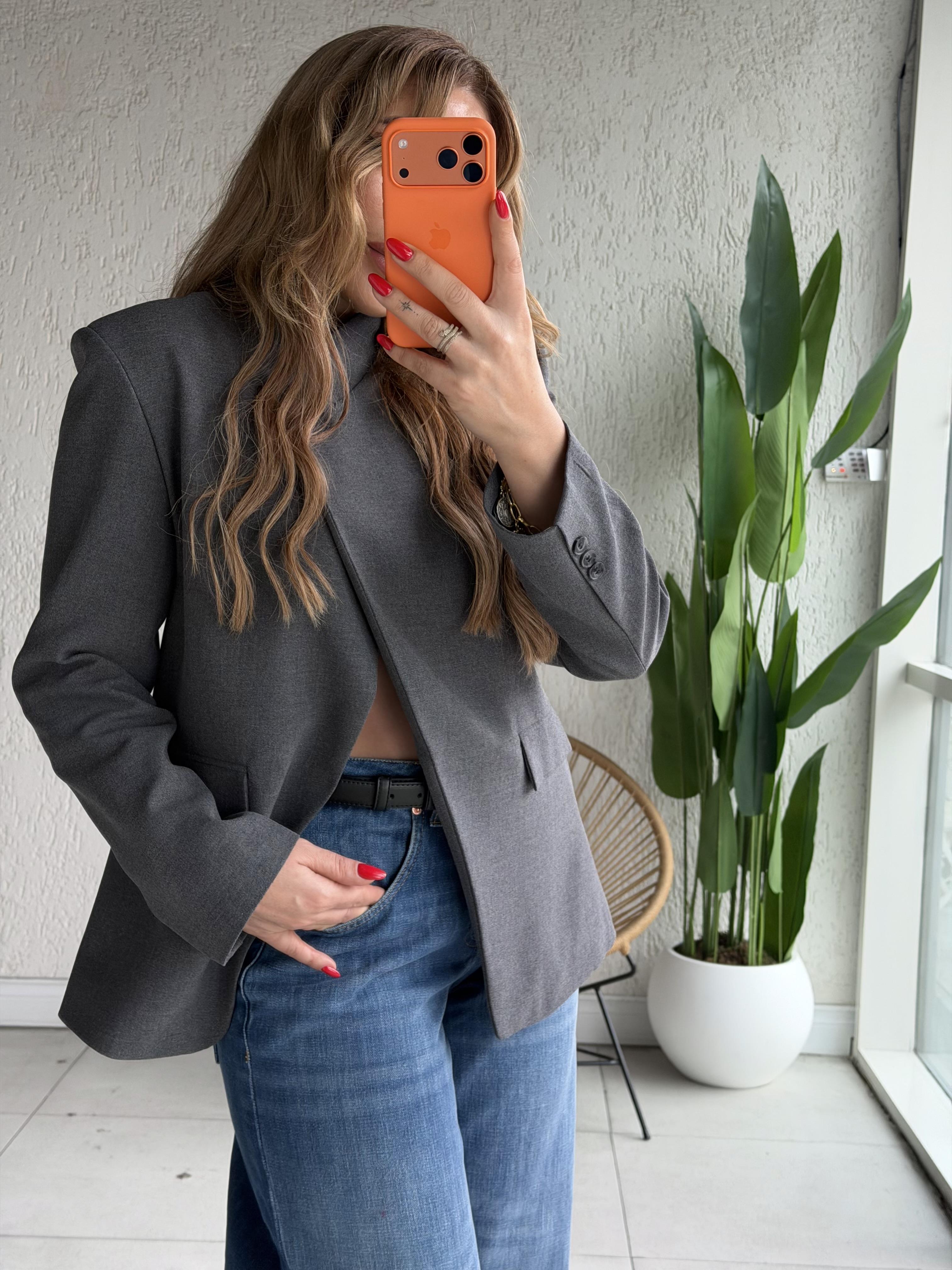 Antrasit Tek Düğmeli Tasarım Blazer Ceket