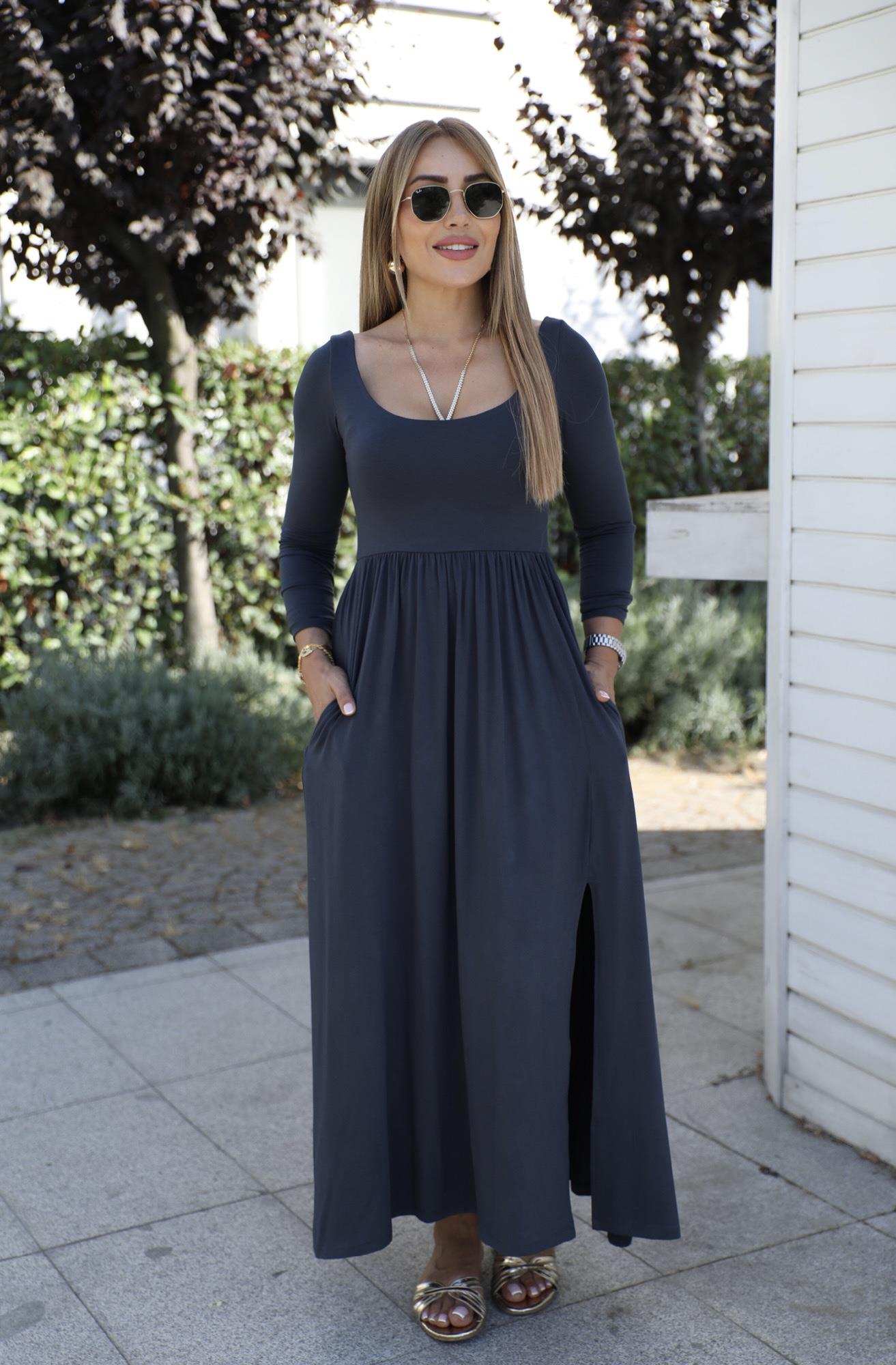 Antrasit U Yaka Uzun Kollu Yırtmaçlı Elbise