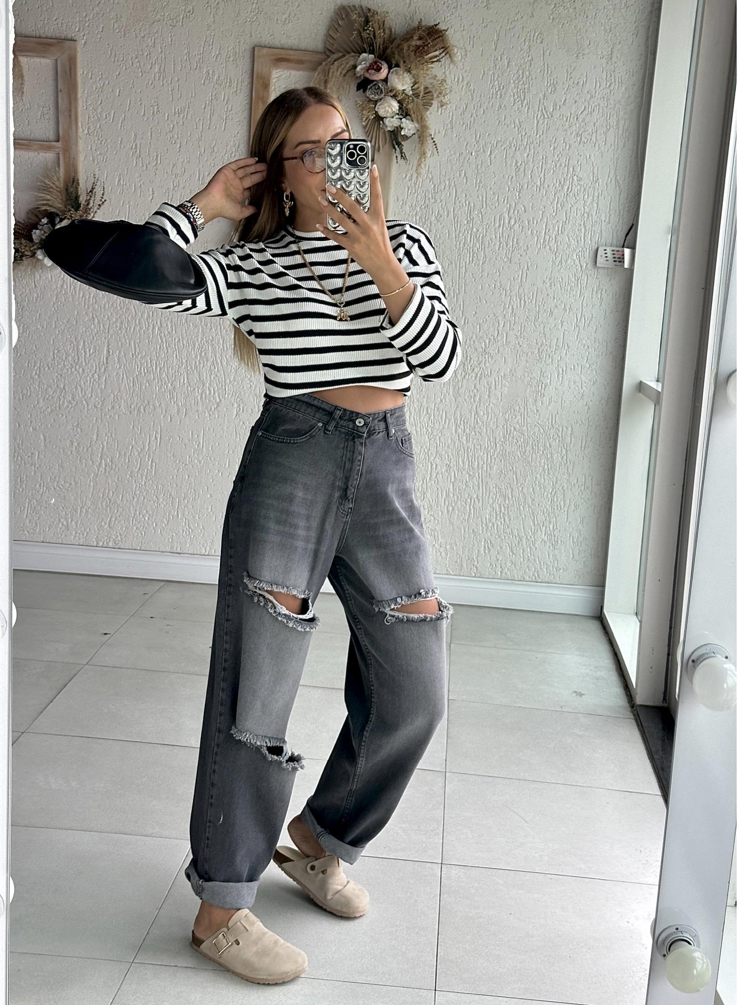 Antrasit Yırtık Salaş Denim