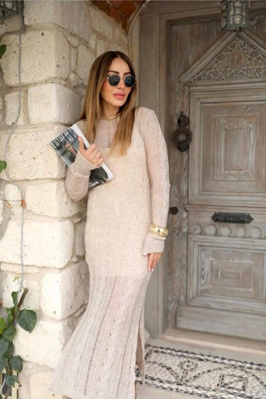 Bej Ajurlu Triko Elbise